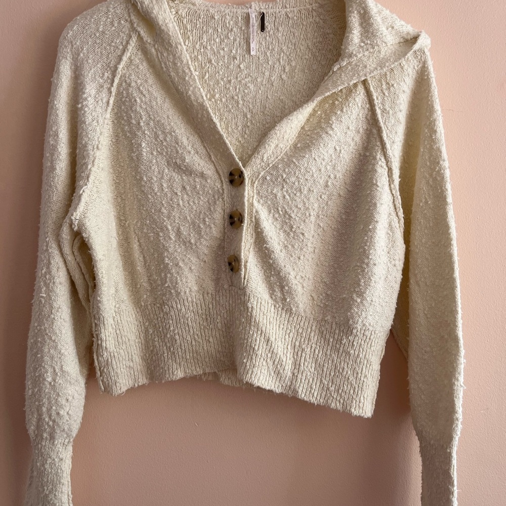 Free People Textured Cream Cowl Neck Hoodie